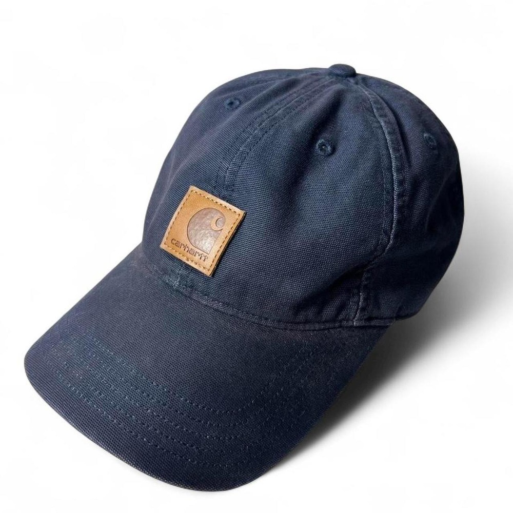 Carhartt Navy Blue Canvas Leather Logo Patch Strapback Adjustable Hat Cap